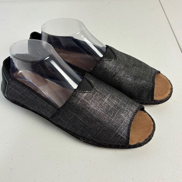 Toms Womens 10 Black Gray Chambray Canvas Slip-On Open Toe Sandals Lagenlook - Picture 5 of 11